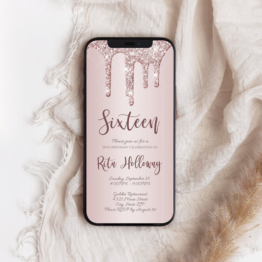 Electronic 16th Birthday Evite, Rose Gold Glitter Digital Invitation Template, Editable Text Message & Email Invite, DIY Phone Invitation