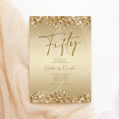 Gold 50th Birthday Invitation Template, Editable Fifty Surprise Party Evite, Digital Gold Invite for Women, Email Text Message Download