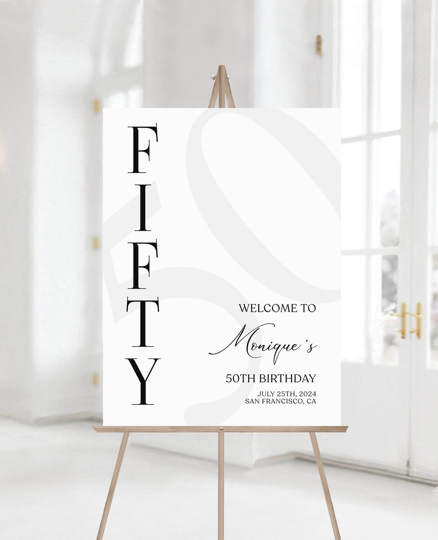Simple 50th Birthday Welcome Sign Template – Editable Minimalist Welcome Poster | Printable Fifty Birthday Sign | Digital Instant Download