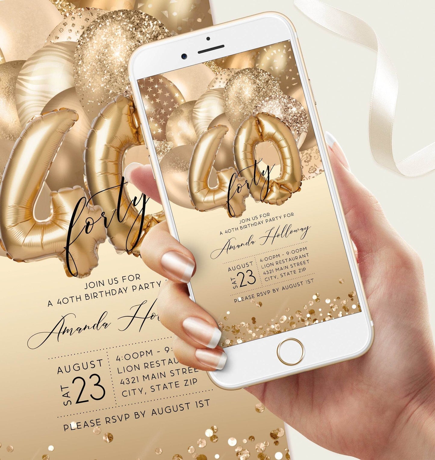 Digital 40th Birthday Invitation with Gold Balloons, Editable Electronic Evite, Text Message Mobile Invite Template, Any Age DIY Download