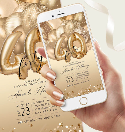Digital 40th Birthday Invitation with Gold Balloons, Editable Electronic Evite, Text Message Mobile Invite Template, Any Age DIY Download
