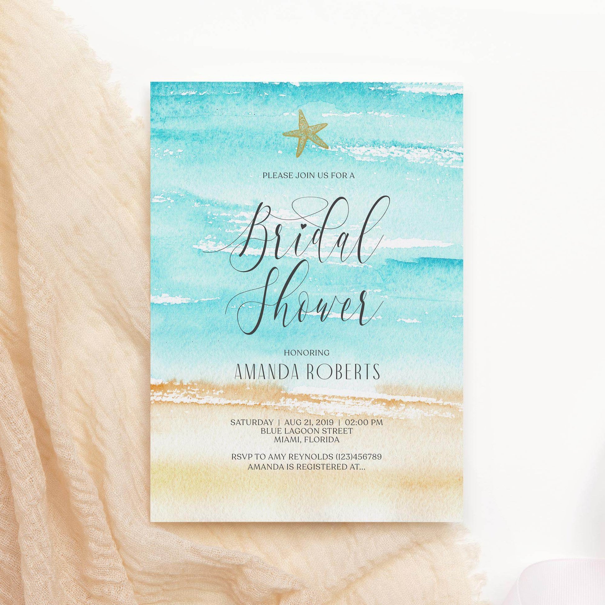 Editable Watercolor Beach Bridal Shower Invitation – Starfish Beach Theme Invite – Printable Bridal Shower Template – Instant Download