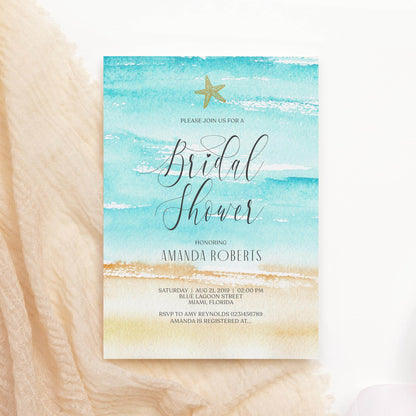 Editable Watercolor Beach Bridal Shower Invitation – Starfish Beach Theme Invite – Printable Bridal Shower Template – Instant Download