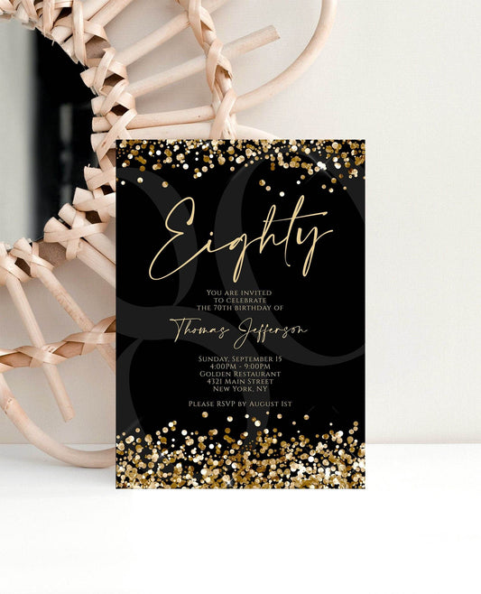 80th Birthday Invitation Template | Black & Gold Printable Invite | Editable Gold Confetti Party Card | Luxury Men’s Birthday Evite | Instant Download