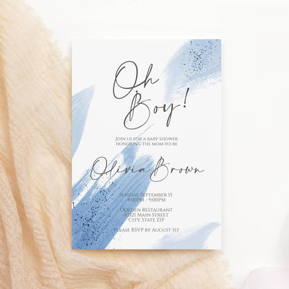 Oh Boy Baby Shower Invitation Template – Printable Blue Watercolor Baby Shower Invite | Editable Boy Baby Shower Template | Instant Download