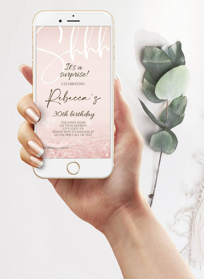 Modern Shhh it's a surprise Electronic 30th birthday text invitation template, Any Age editable birthday invite, Digital invite, Phone Evite