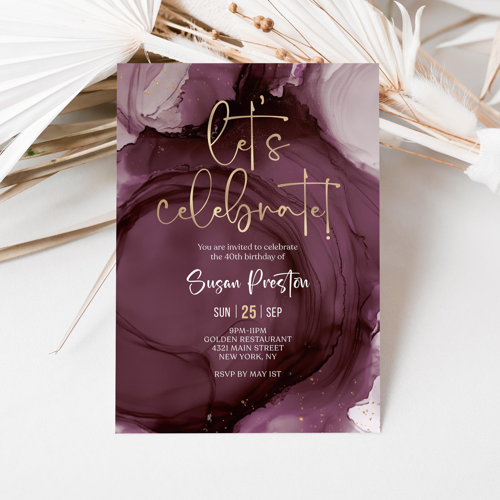Purple Gold Let's Celebrate Birthday Invitation Template, Printable Birthday Dinner Invite, Any Age Editable Invitation, Digital Download
