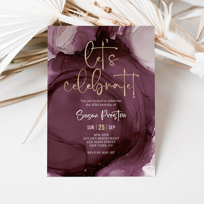 Purple Gold Let's Celebrate Birthday Invitation Template, Printable Birthday Dinner Invite, Any Age Editable Invitation, Digital Download