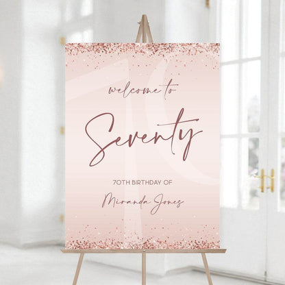 Printable 70th Birthday Party Welcome Sign – Editable Rose Gold Glitter & Pink Confetti Template – Seventy Birthday Welcome Poster – Instant Download