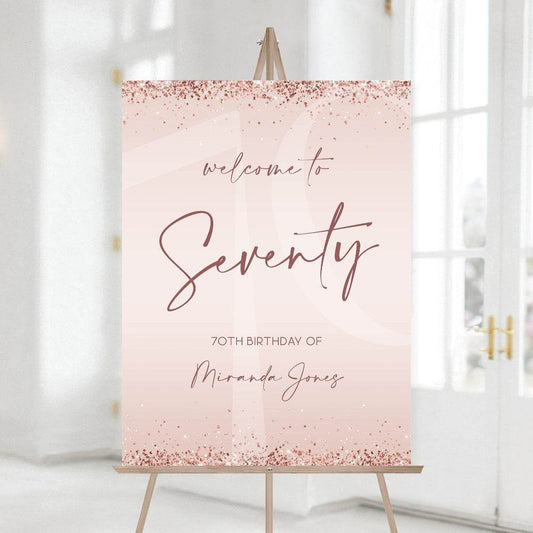 Printable 70th Birthday Party Welcome Sign – Editable Rose Gold Glitter & Pink Confetti Template – Seventy Birthday Welcome Poster – Instant Download