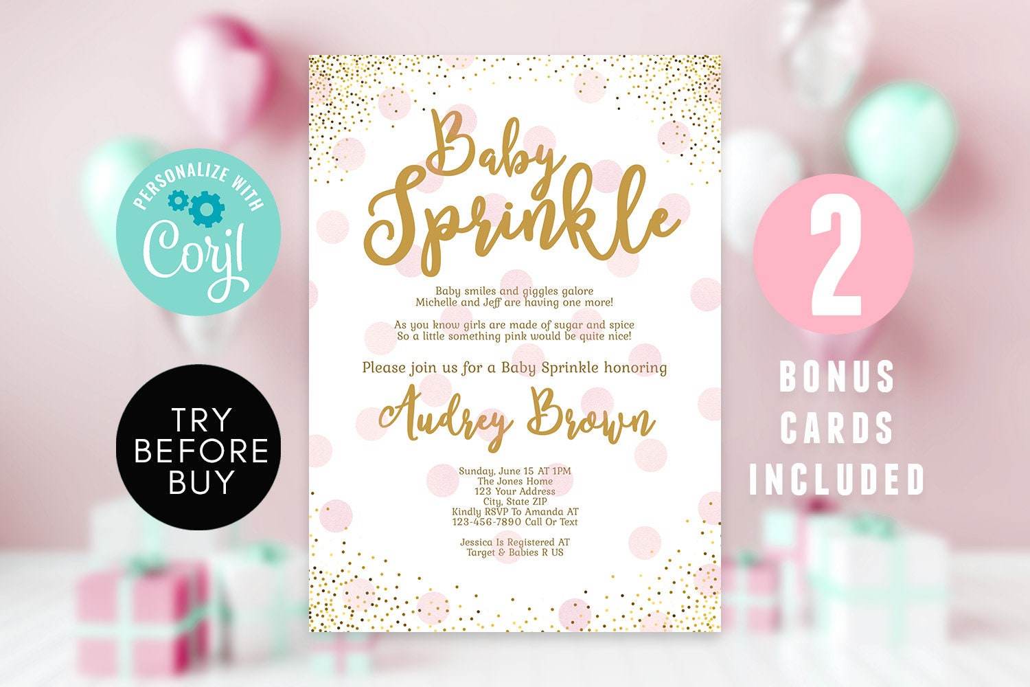 Girl Baby Sprinkle Invitation Template – Blush Pink & Gold Baby Shower Invite Bundle | Editable Printable Baby Sprinkle for Girl | Instant Download