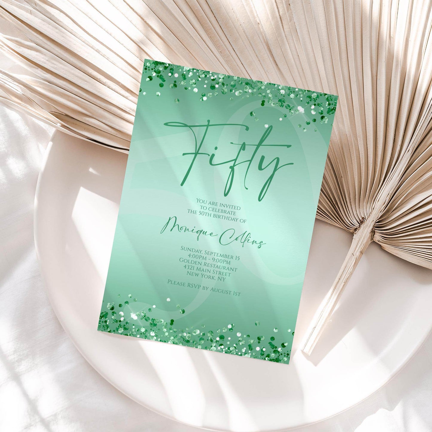 Printable Mint Green 50th Birthday Invitation Template – Editable Digital Mint Birthday Card | Women’s 50th Party Invite | Instant Download