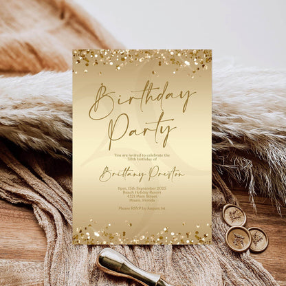Editable Ladies Golden Birthday Party Invitation Template, Gold Party Invite, Printable Woman Brunch Card, Digital Email Text Message Evite