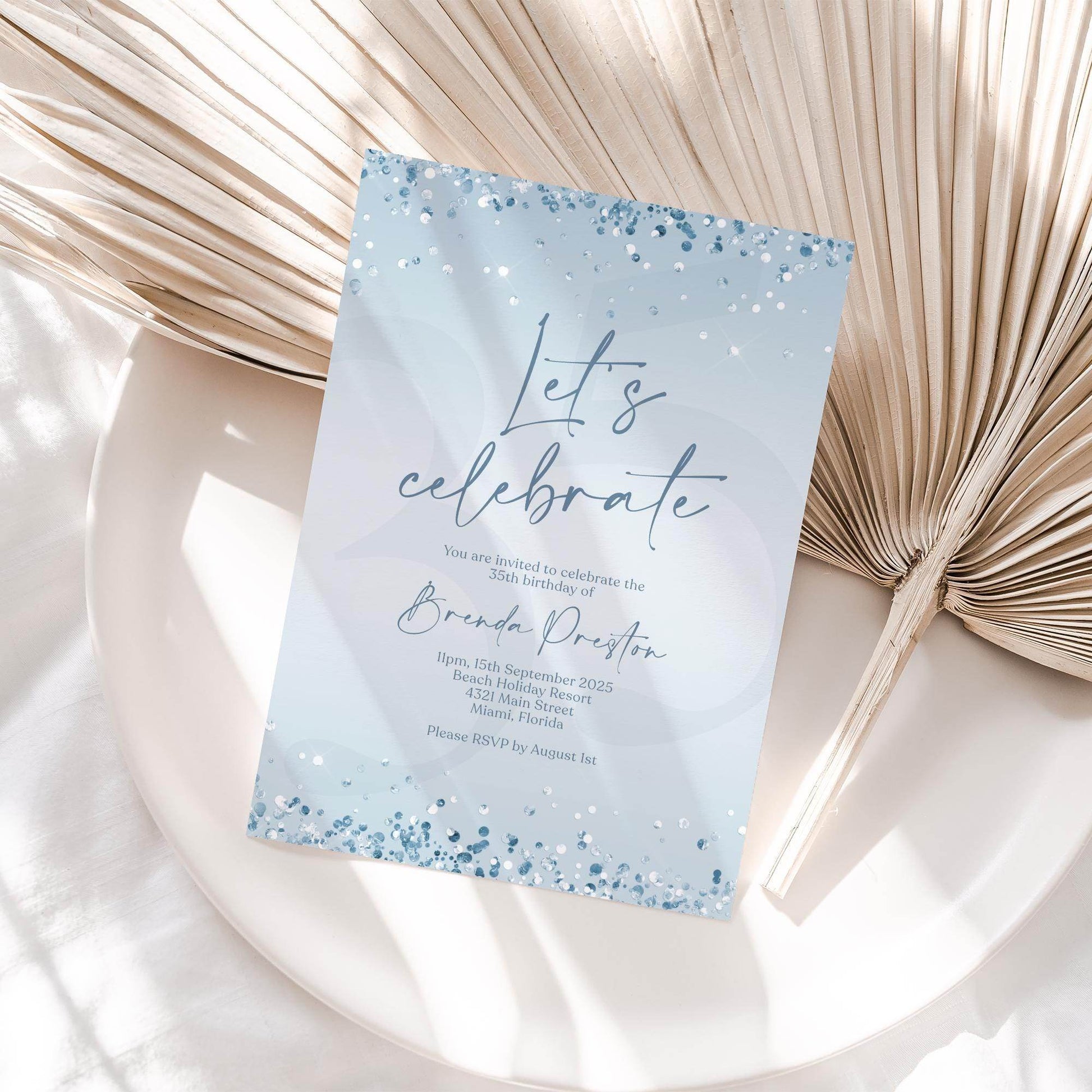 Printable Blue Silver Birthday Invitation | Editable Let's Celebrate Confetti Invite | Digital Any Age Party Template | Text Message Evite