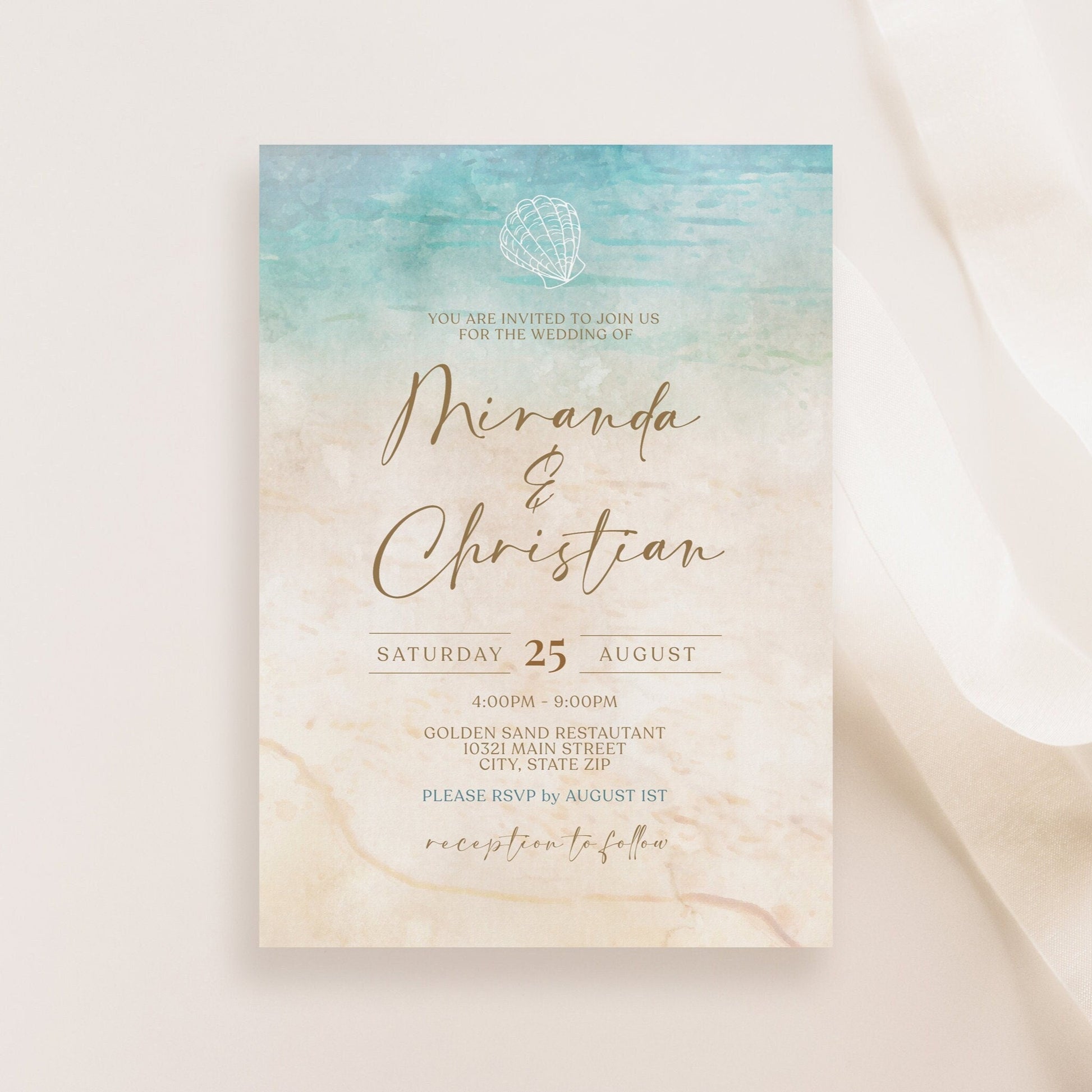 Beach Wedding Invitation Template, Printable Beach Wedding Invite, Editable Wedding Invitation, Digital Template, Modern Wedding Invite