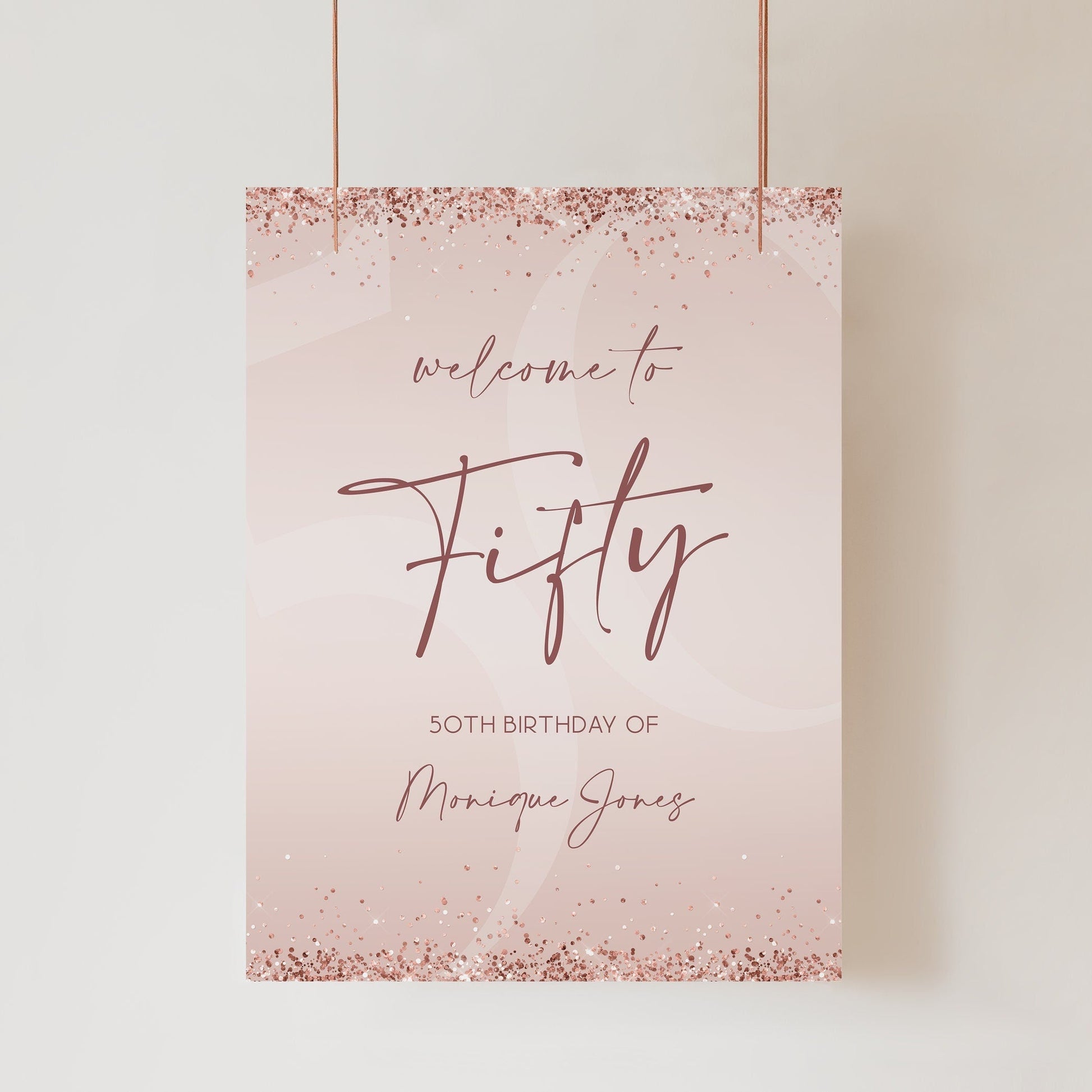 Printable 50th Fifty Birthday Party Welcome Sign, Editable Template, Modern Birthday Welcome Sign Poster, Rose Gold Glitter Pink Confetti