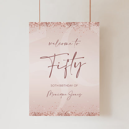 Printable 50th Fifty Birthday Party Welcome Sign, Editable Template, Modern Birthday Welcome Sign Poster, Rose Gold Glitter Pink Confetti