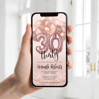 30th Birthday Invitation – Rose Gold Digital Evite – Editable Mobile Text Message Template – Electronic Invite for Her – Instant Download