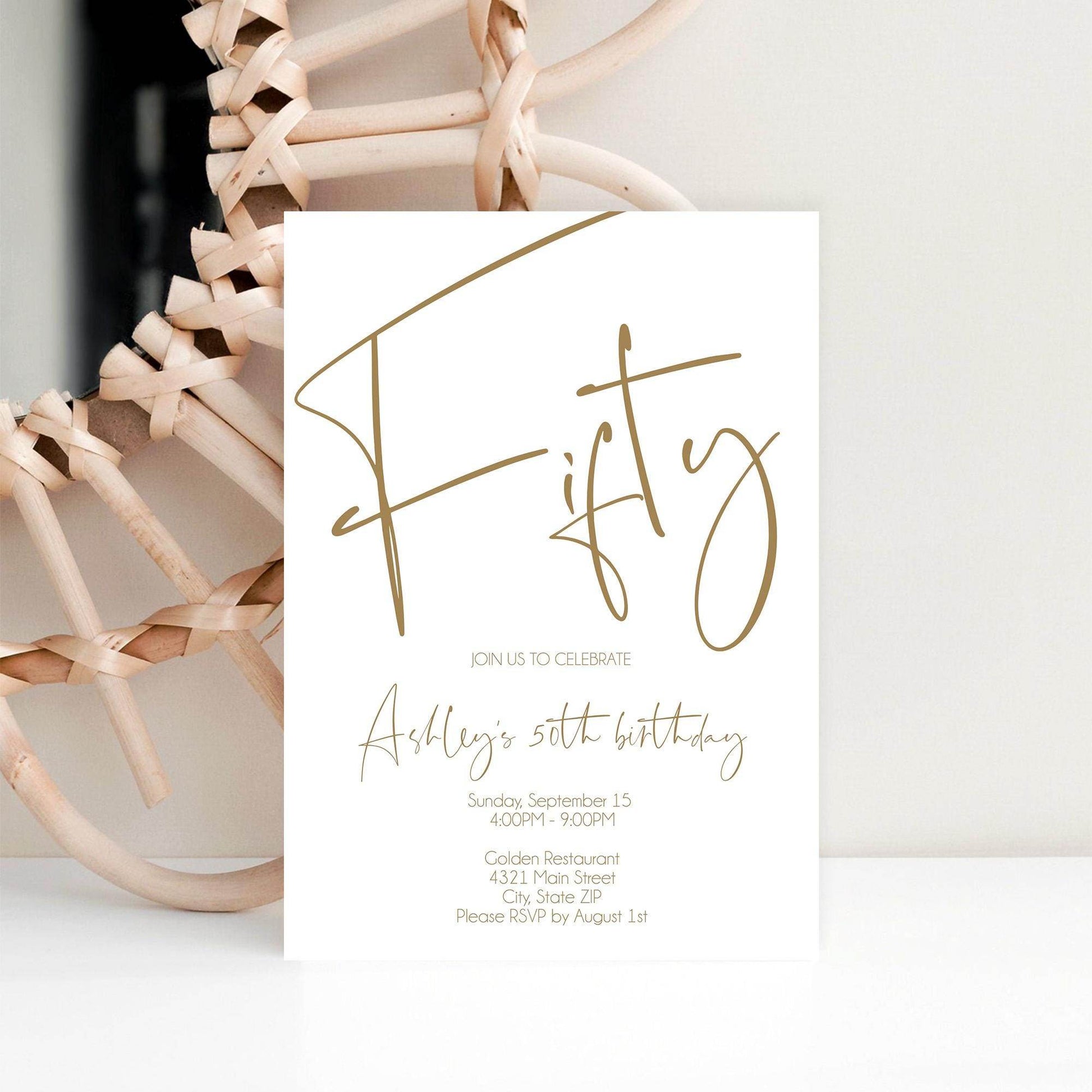 Simple 50th Birthday Invitation Template | Minimalist Editable Fifty Invite | Printable Adult Birthday Card | White Modern Birthday Evite