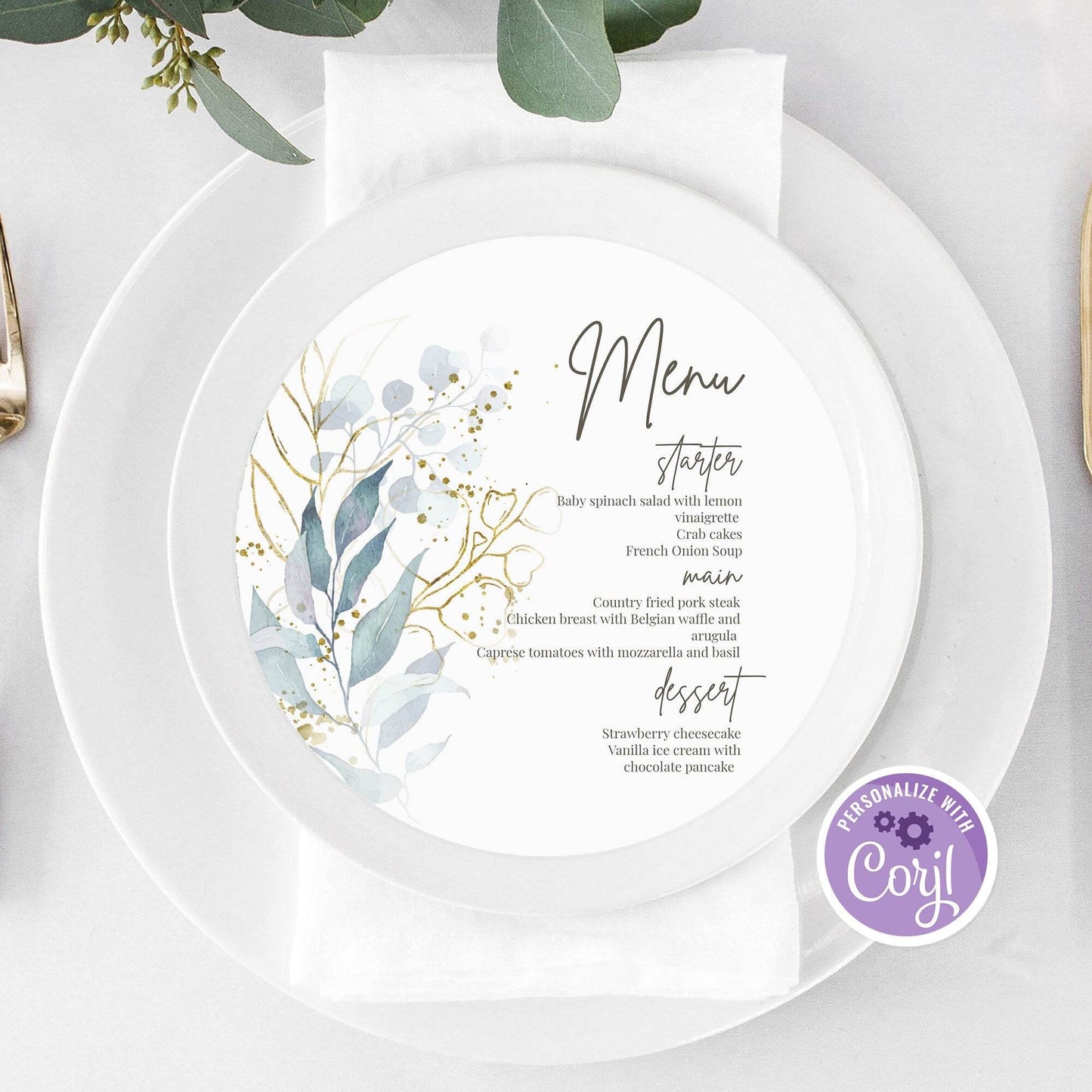 Greenery Floral Round Wedding Menu Template – Editable Gold Calligraphy Dinner Menu | Circle Printable Menu Card | Instant Download