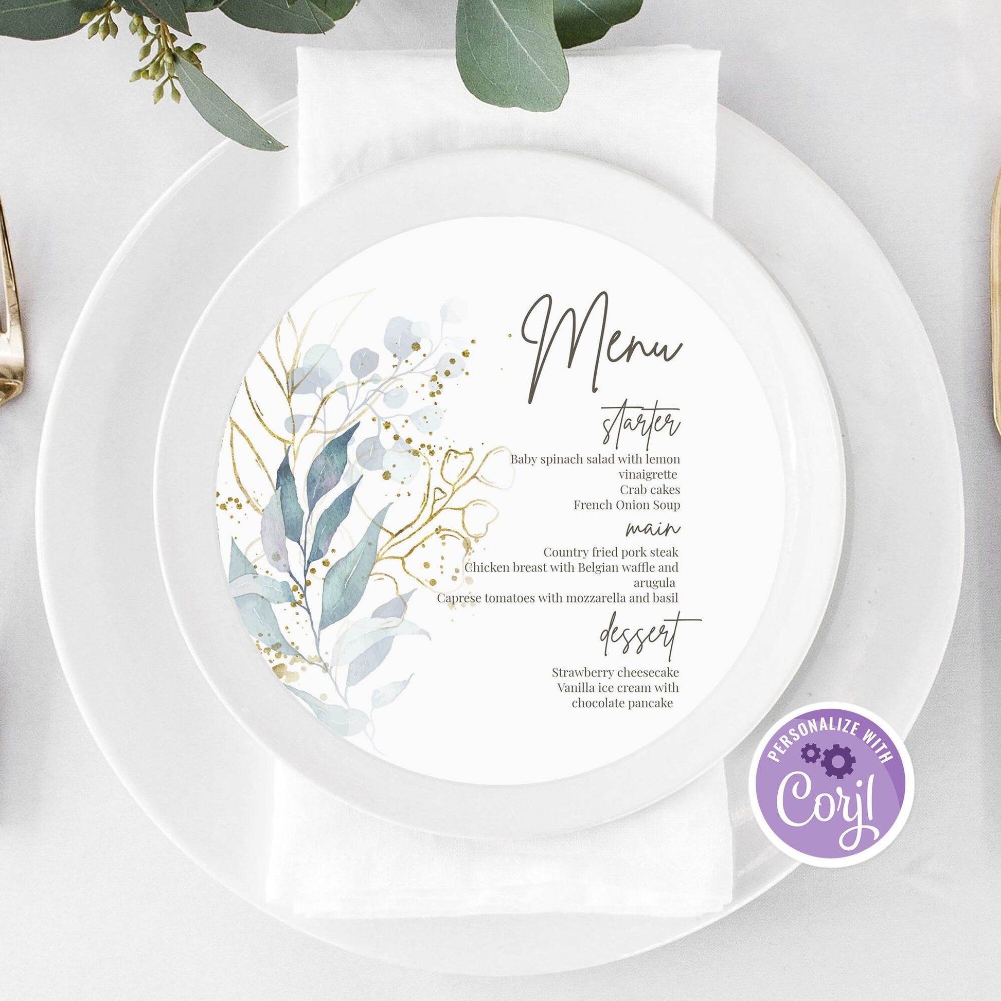 Greenery Floral Round Wedding Menu Template – Editable Gold Calligraphy Dinner Menu | Circle Printable Menu Card | Instant Download