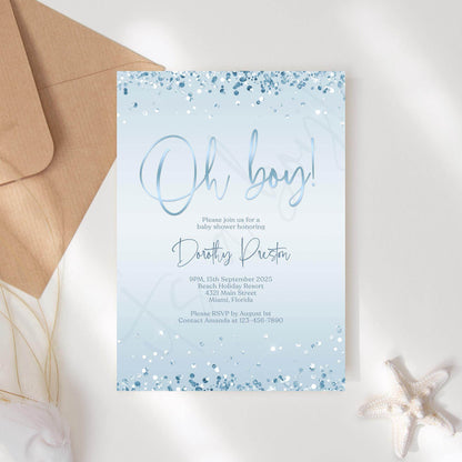 Oh Boy Baby Shower Invitation Template | Editable Blue & Silver Confetti Invite | Boy Baby Shower Digital Evite | Printable Instant Download