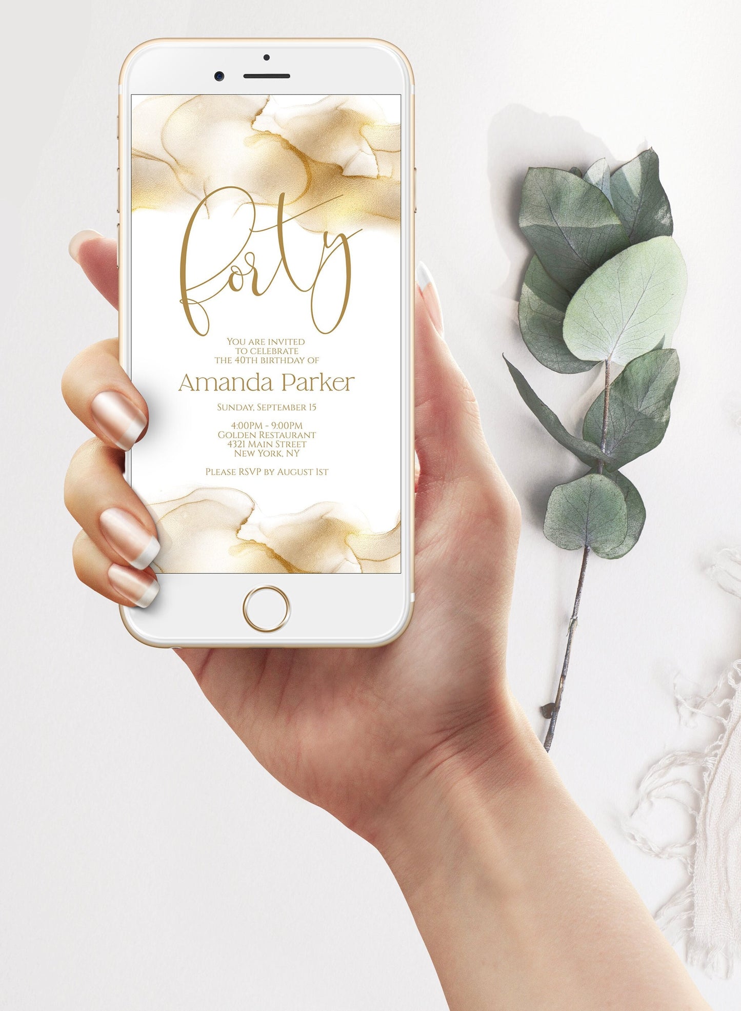 Electronic Forty 40th birthday invitation template, gold foil text message invite, Digital invitation, phone invitation, Electronic Evite