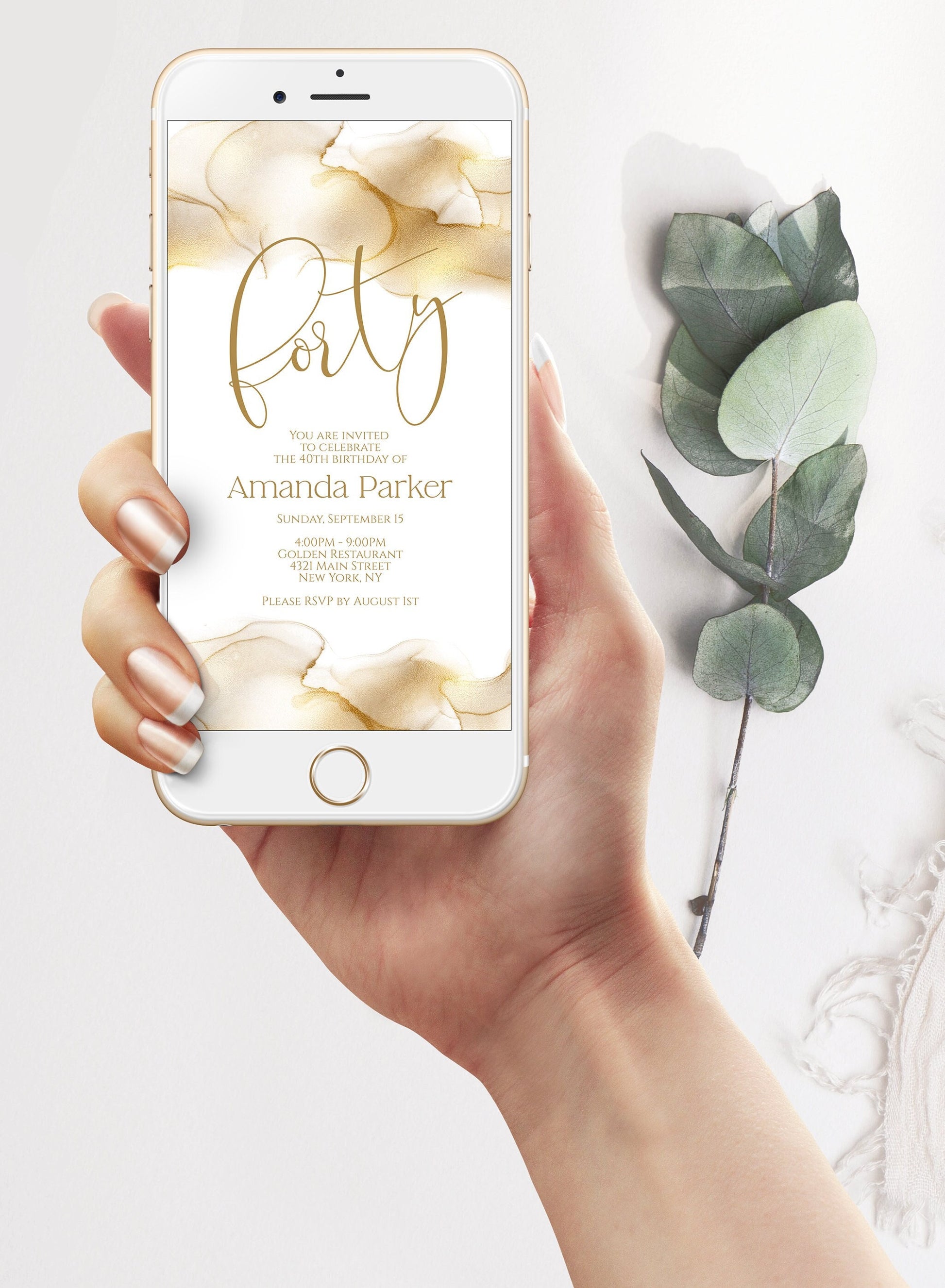 Electronic Forty 40th birthday invitation template, gold foil text message invite, Digital invitation, phone invitation, Electronic Evite