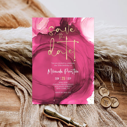 Fuchsia Pink and Gold Save the Date Invitation | Editable Birthday Party Announcement Card | Printable Digital Template | Modern Save the Date Invite