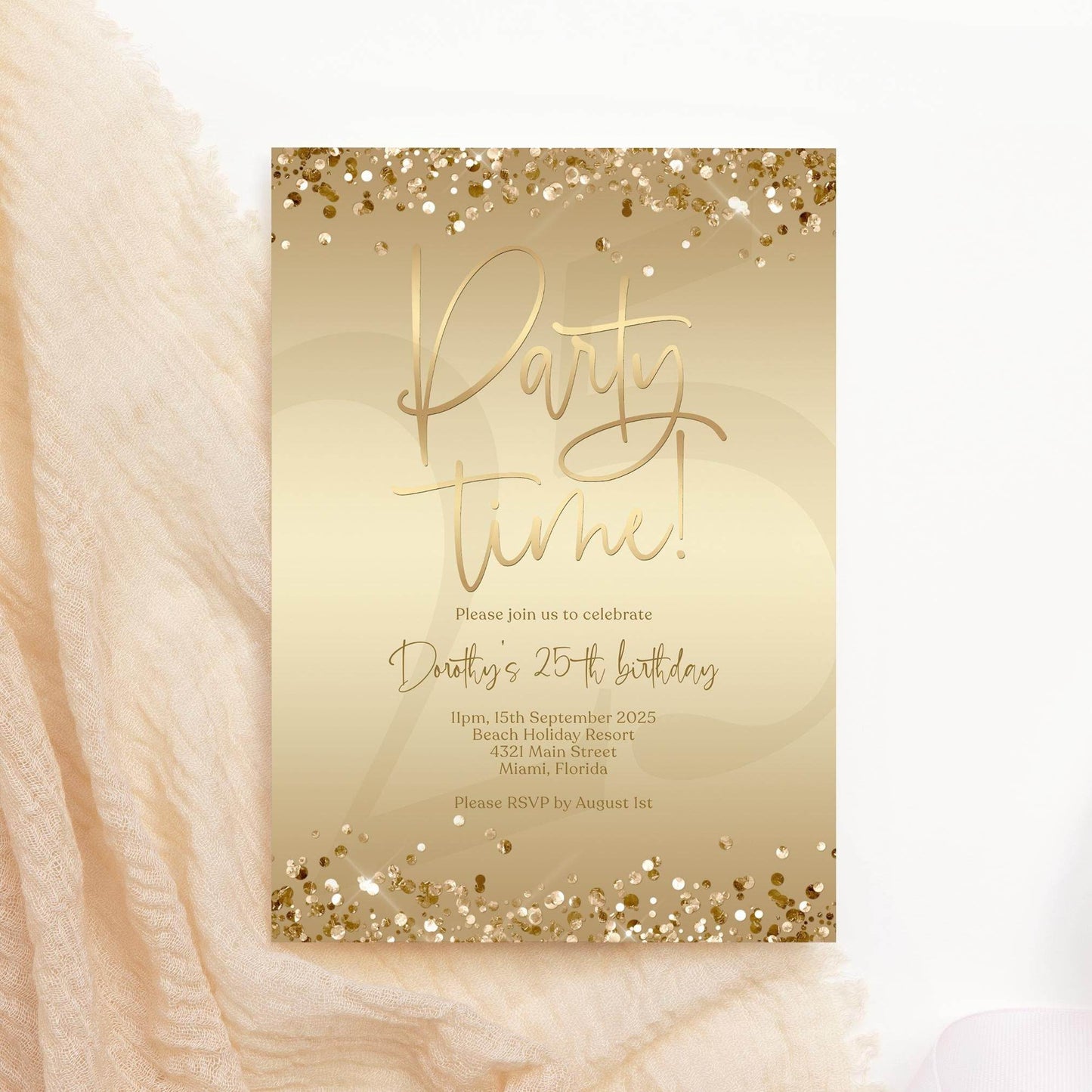 Editable Gold Foil Birthday Invitation, Printable Party Time Invite, Gold Confetti Evite, Any Age Digital Text Message Invitation Template