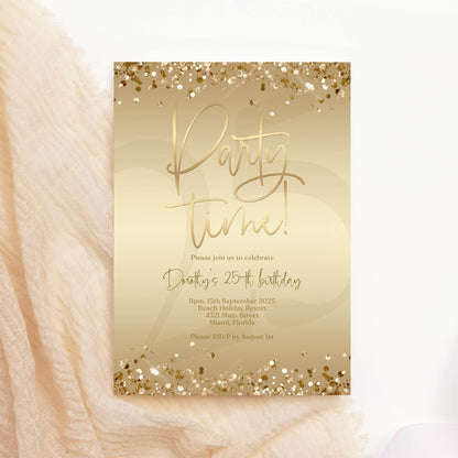 Editable Gold Foil Birthday Invitation, Printable Party Time Invite, Gold Confetti Evite, Any Age Digital Text Message Invitation Template