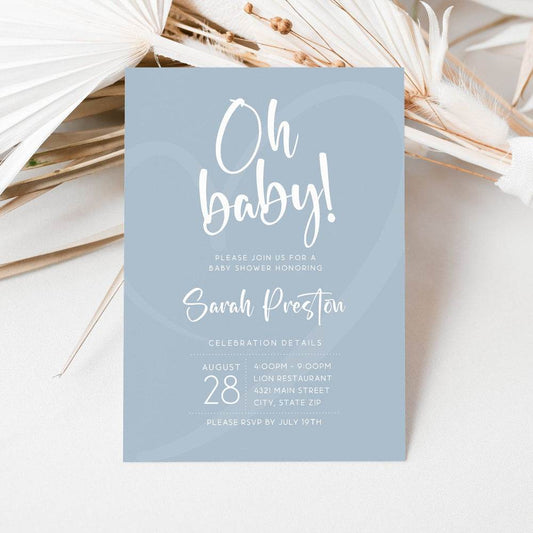 Oh Boy Baby Shower Invitation Template | Simple Editable Boy Baby Shower Invite | Minimalist Baby Shower Evite | Printable Instant Download