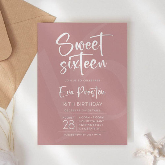 Simple Dusty Rose Sweet Sixteen Invitation – Minimalist 16th Birthday Template | Editable Girl Birthday Invite | Printable Text or Email Evite