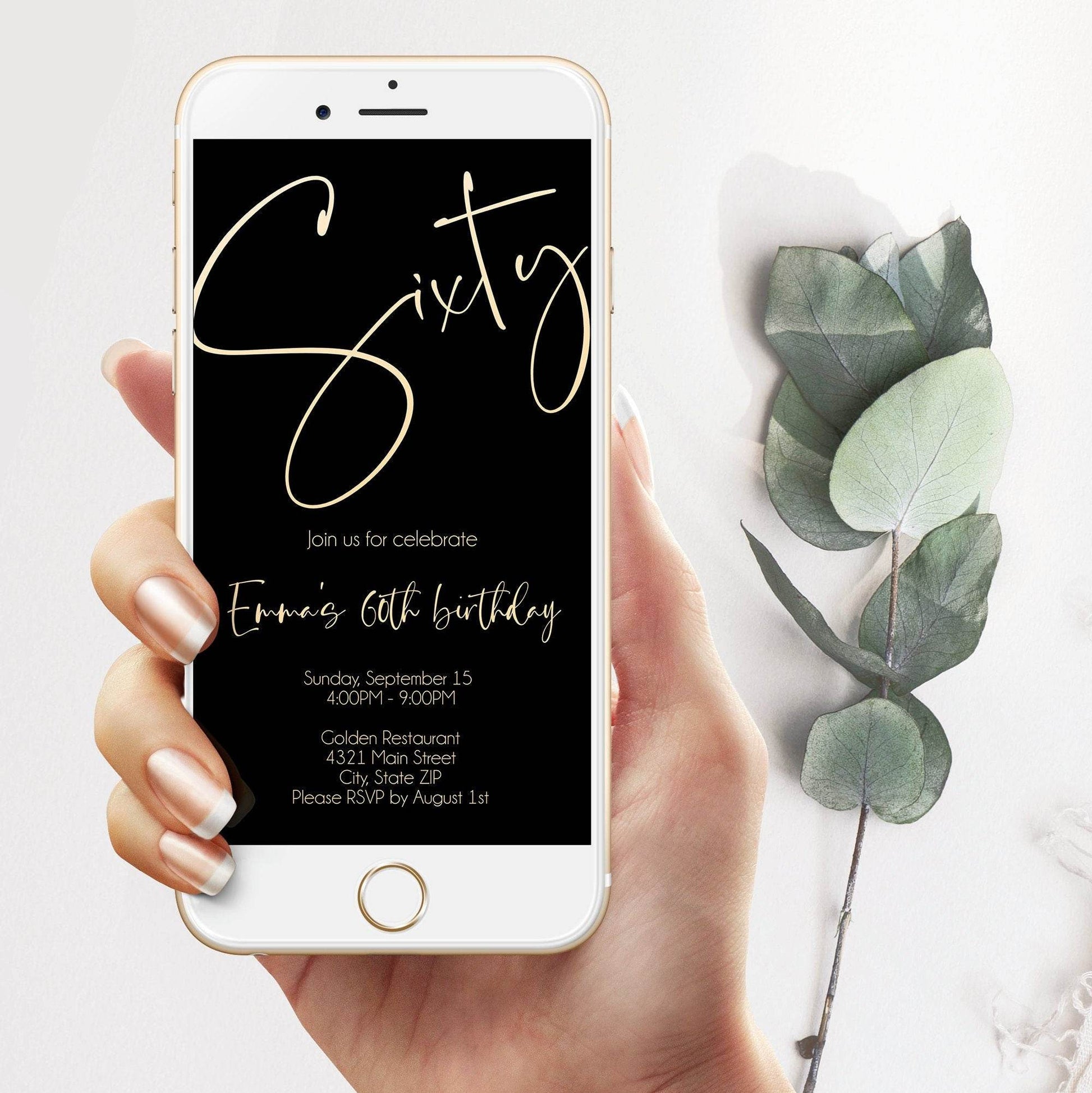 Black Gold 60th Birthday Invitation Template, Digital Phone Text Message Evite, Editable Sixty Birthday Invite, Instant Download
