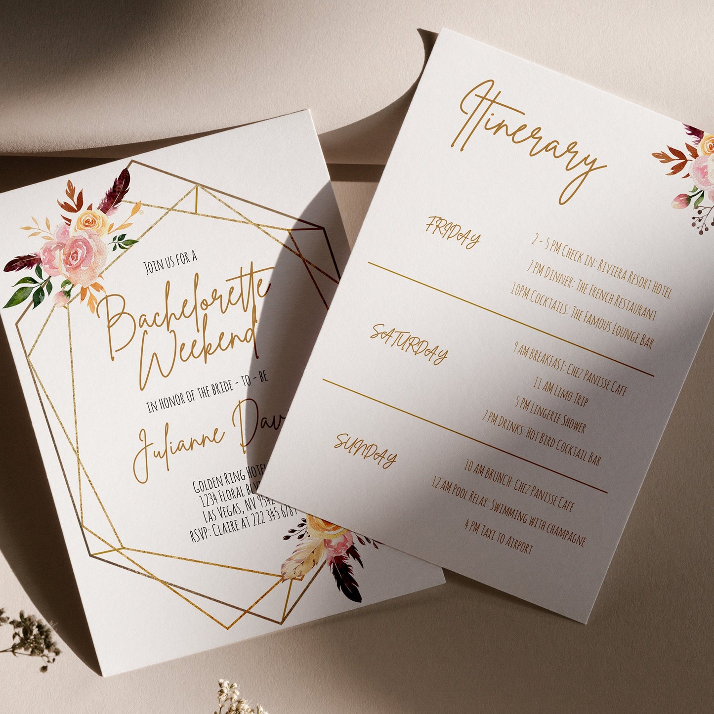 Bachelorette Weekend Itinerary Invitation, Blush Floral Bachelorette Party Template, Editable Geometric Invite, Instant Download Digital DIY