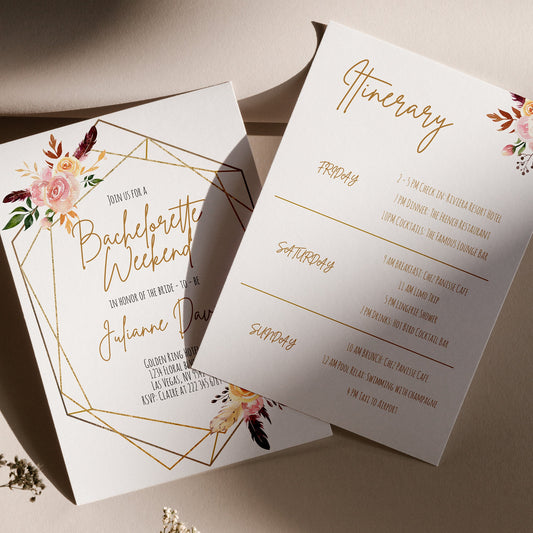 Bachelorette Weekend Itinerary Invitation, Blush Floral Bachelorette Party Template, Editable Geometric Invite, Instant Download Digital DIY