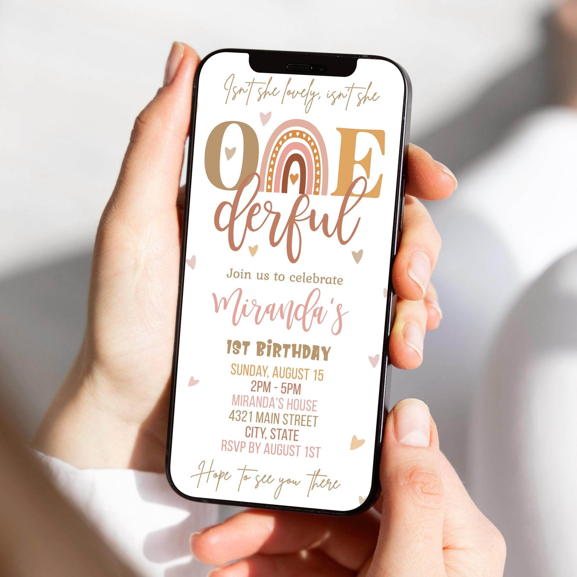 Boho “Onederful” First Birthday Invitation Template – Digital Girl Rainbow Birthday Evite | Editable Electronic 1st Birthday Party Invite | Instant Download