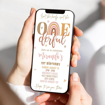 Boho “Onederful” First Birthday Invitation Template – Digital Girl Rainbow Birthday Evite | Editable Electronic 1st Birthday Party Invite | Instant Download