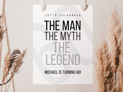 60th Birthday Welcome Sign Template | The Man The Myth The Legend | Printable & Editable Banner | Minimalist Any Age Party Decor | Instant Download