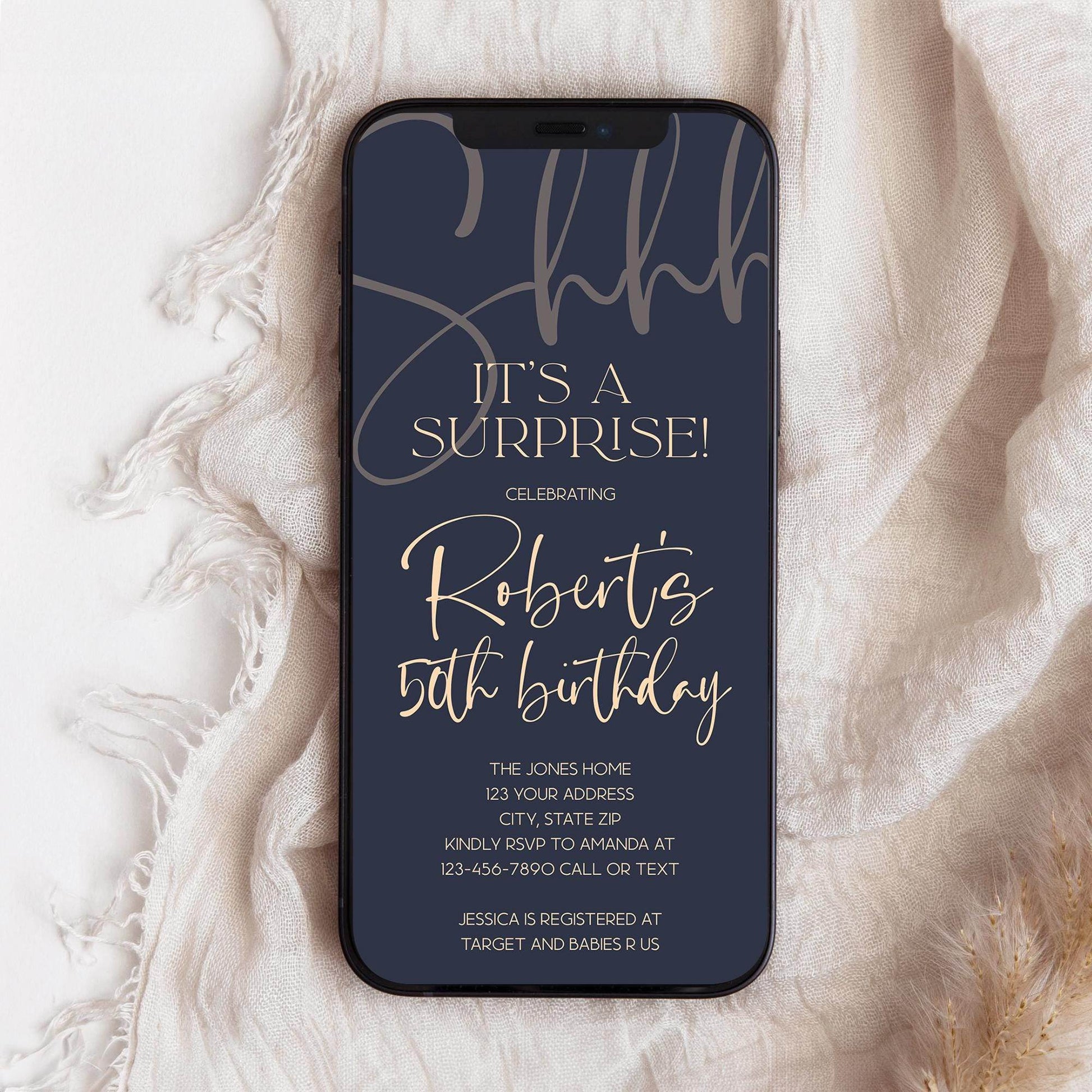 Surprise 50th Birthday Invite - Navy Gold Text Message Evite