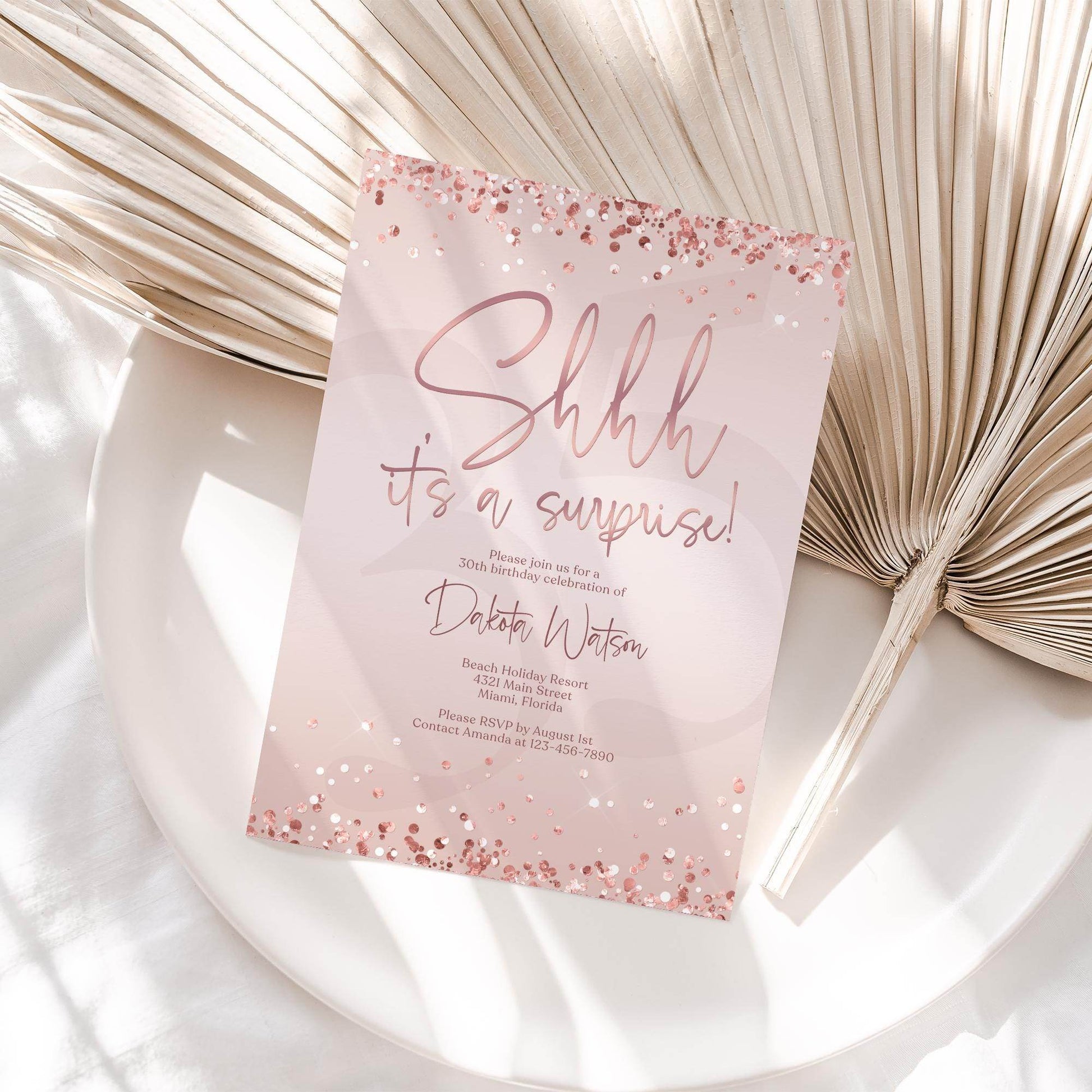 Surprise Party Invitation Template | Pink Rose Gold “Shhh... It’s a Surprise” Editable Birthday Invite | Any Age Digital Evite | Instant Download