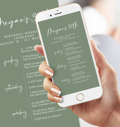 Digital Sage Green 30th Thirty Birthday Itinerary Template, Editable Birthday Weekend Itinerary, Electronic Weekend Itinerary Invitation