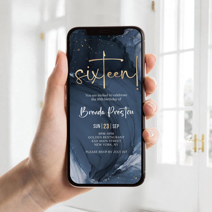 16th Birthday Invitation Template - Digital Download | Blue Navy Gold | Instant Access