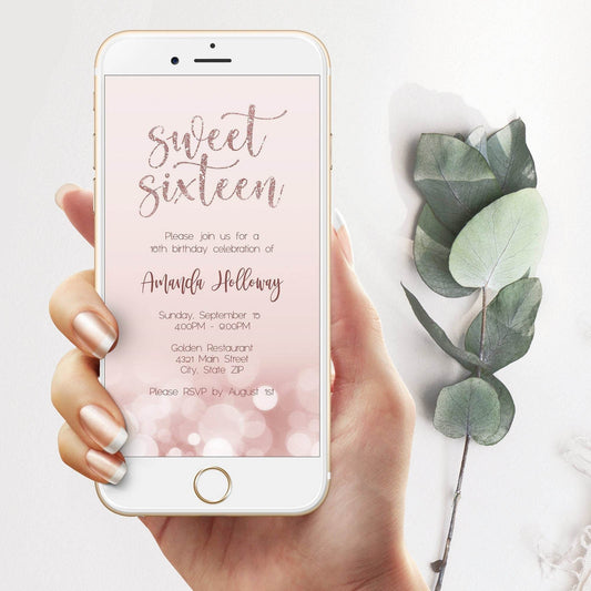 Sweet 16 Birthday Party Evite | Rose Gold Glitter Digital Invitation | Editable Sweet Sixteen Electronic Invite Template | Instant Download
