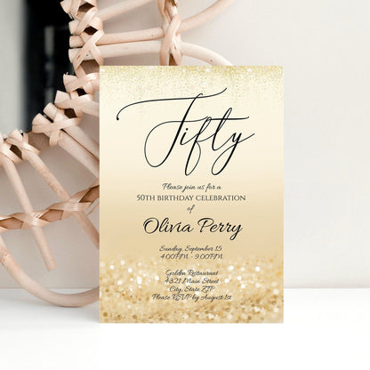 Editable 50th Birthday Invitation | Gold Glitter Printable Invite | Modern Digital Fifty Party Template | Text or Email DIY Instant Download