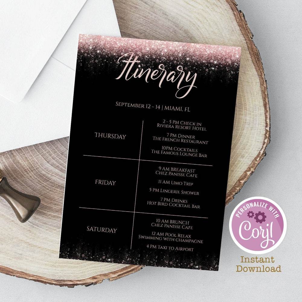 Rose Gold Bachelorette Itinerary Template – Editable Hen Party Weekend Schedule – Black & Rose Gold Glitter Itinerary – Printable Bridal Itinerary