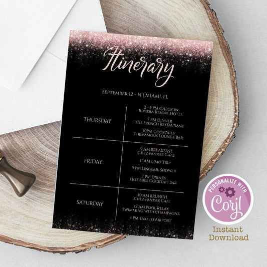 Rose Gold Bachelorette Itinerary Template – Editable Hen Party Weekend Schedule – Black & Rose Gold Glitter Itinerary – Printable Bridal Itinerary