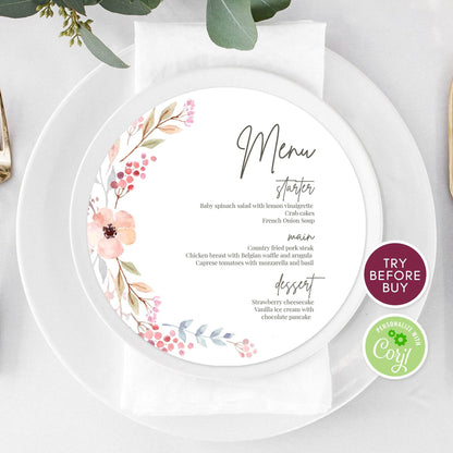 Floral Round Wedding Menu Template, Editable Circle Menu, Printable Calligraphy Dinner Menu, DIY Instant Download Wedding Menu