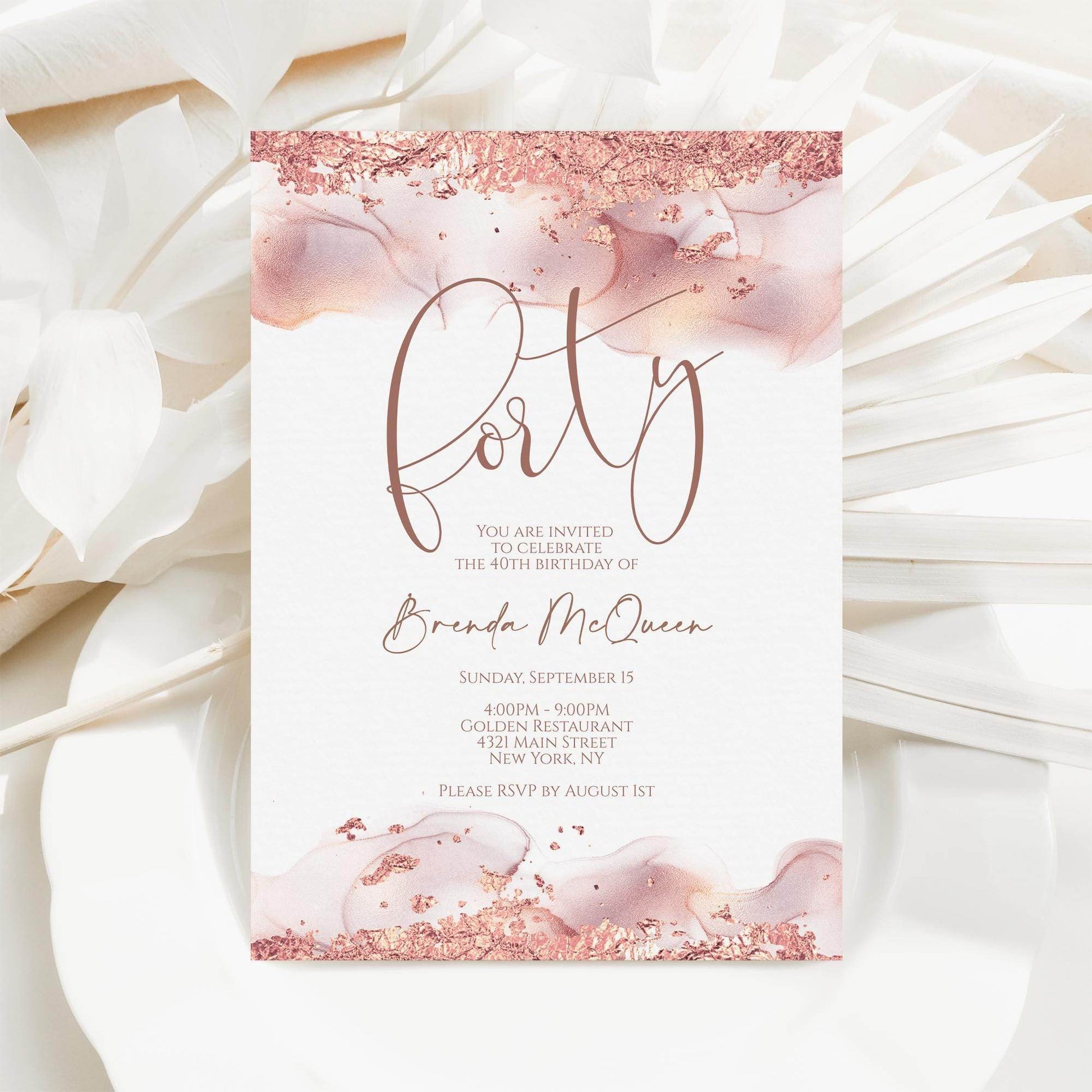 Rose Gold 40th Birthday Invitation Template | Editable Forty Women Birthday Card | Printable Rose Gold Foil Invite | Text Message Digital Download