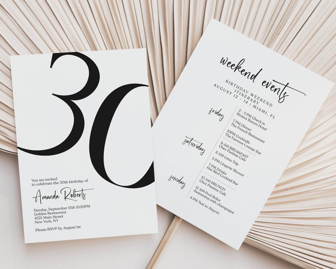 Editable 30th Birthday Weekend Itinerary Template - Simple Printable Birthday Weekend Invitation - Digital Weekend Party Schedule - Instant Download